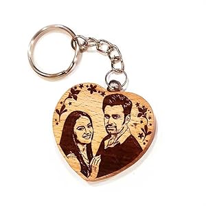 Custom Engraved Wooden Heart Picture Keychain (Beige, Wood, Heart) DOUBLE SIDE PRINT, Pack of 1