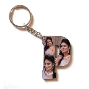 Alphabet Photo Printed Wooden Keychain | Multi Colour (P Letter)